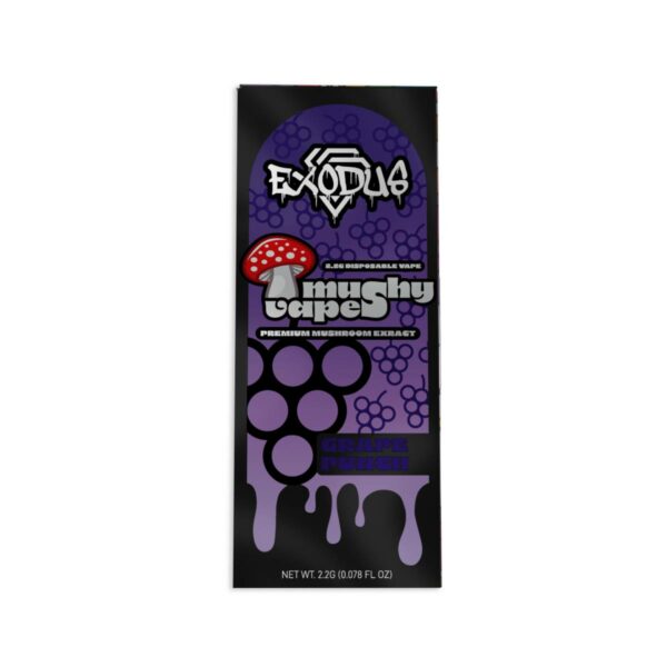 a package of exodus amanita multiplex mushroom disposable vape 2.2g with a purple label on it, featuring the keywords "mushroom disposable vape" and "seo".
