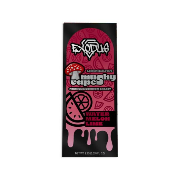 a pink and black labeled bottle of eliquid featuring the exodus amanita multiplex mushroom disposable vape 2.2g flavor.