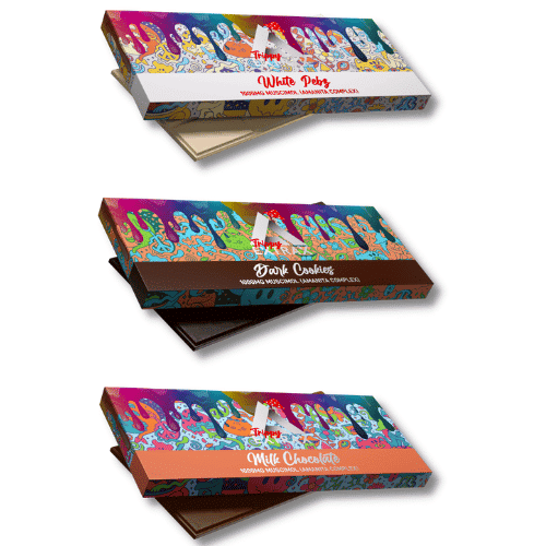four boxes of trippy extrax 1000mg amanita muscaria chocolates (10pcs) with psychedelic shroom designs.