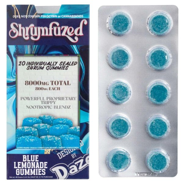 a box of blue pills and a box of blue pills transformed into shrumfuzed amanita nootropic mushroom gummies 10 piece.