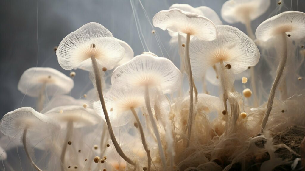 fully-grown mushrooms releasing spores