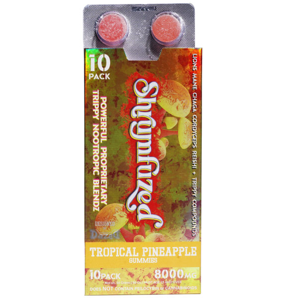 a box of shrumfuzed nootropic trippy psychedelic mushroom gummies 10pc candy.