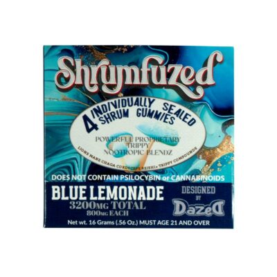 A box of skynyzed Shrumfuzed Nootropic Mushroom Gummies 4 Piece blue lemonade.
