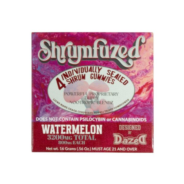 a box of watermelon flavored cbd infused with shrumfuzed nootropic mushroom gummies 4 piece.