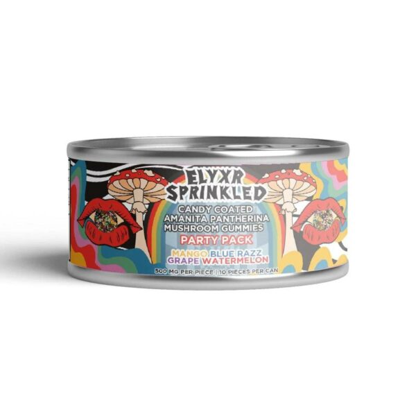 a can of dog food with an image of a mushroom and elyxr amanita pantherina mushroom sprinkled gummies 5000mg party pack.