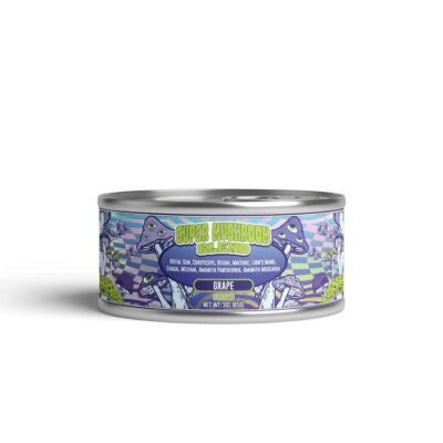 a can of cat food with a purple design on it, elyxr super blend grape gummies 5000mg