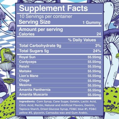 A label showing the contents of Elyxr Super Blend Grape Gummies 5000mg.