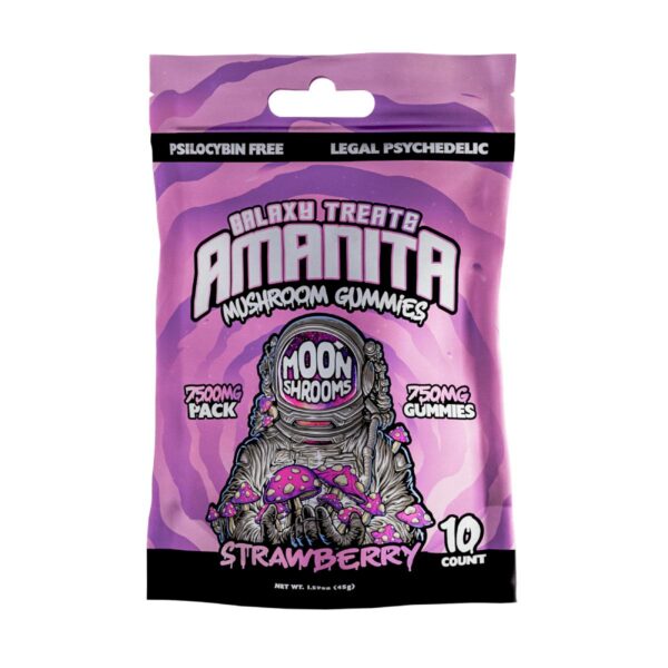 a bag of amanita gummies in pink and purple, infused with 7500mg of strawberry flavor.