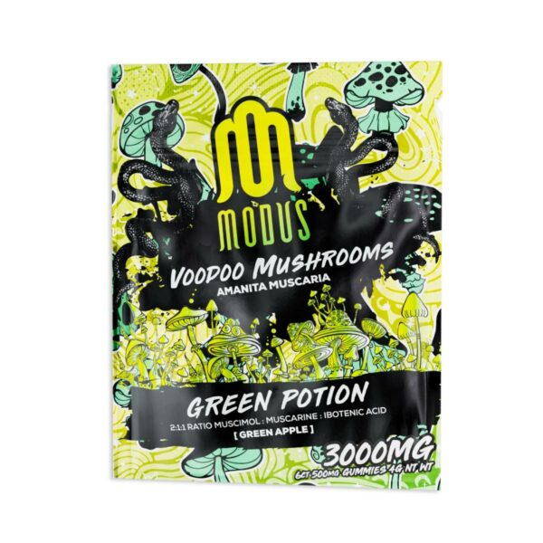 a package of modus voodoo mushroom gummies amanita muscaria 3000mg 6pc green potion flavor edibles