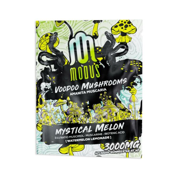 a packet of modus voodoo mushroom gummies amanita muscaria 3000mg 6pc melon gummies.