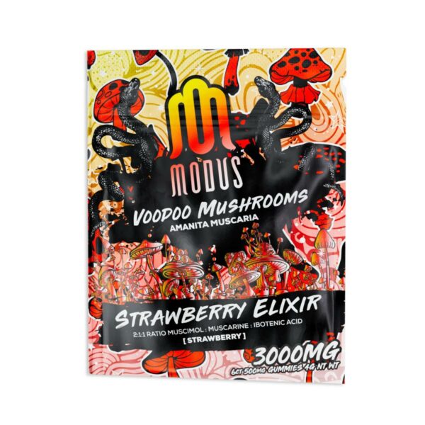 a package of modus voodoo mushroom gummies amanita muscaria 3000mg 6pc strawberry elixir gummies.