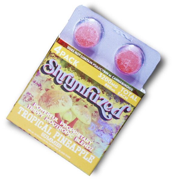 a package of shrumfuzed nootropic trippy psychedelic mushroom gummies 4 piece, featuring a pack of gummy bears.