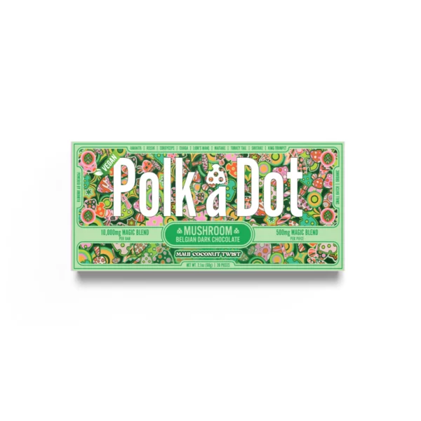 a green box with the word polk a dot x urb mushroom chocolate bars 10000mg 20pc printed on it.
