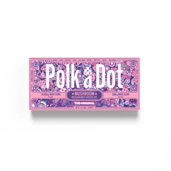 a polk a dot x urb mushroom chocolate bars 10000mg 20pc box with the word "polk-a-dot" on it.