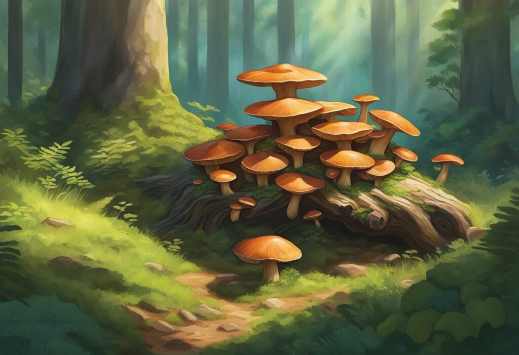 a sleepy painting of mushrooms in a forest, showcasing the effects of reishi.