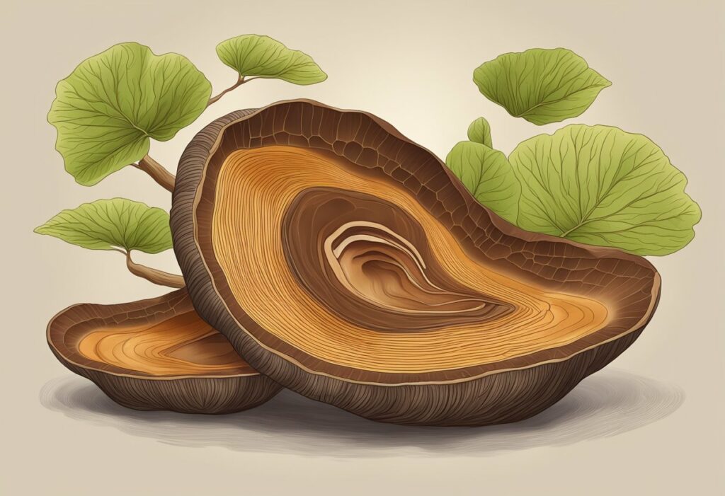 two slices of reishi mushrooms on a beige background.