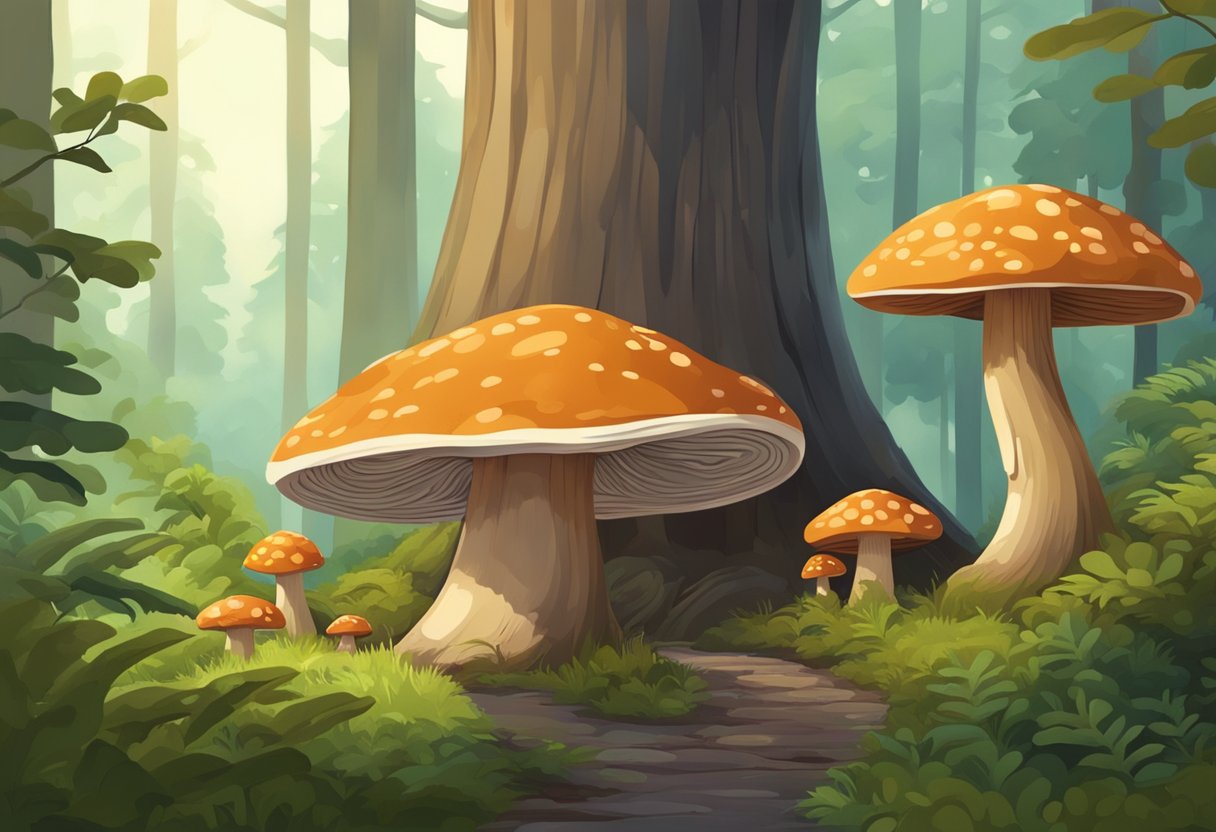 a cartoon illustration of sleepy mushrooms in the forest, known for their sleep patterns and reishi properties.