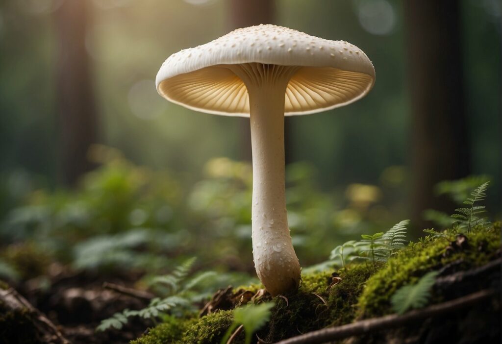 a white king trumpet mushroom sits on top of a mossy forest floor, boasting its nutritional powerhouse benefits.