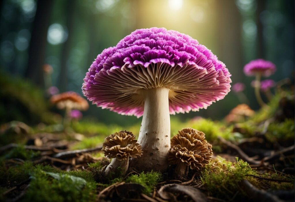 a nutritional powerhouse, a purple maitake mushroom thrives in a mossy forest.