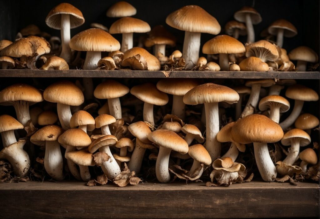 a group of shrooms on a shelf showcasing their shelf life.