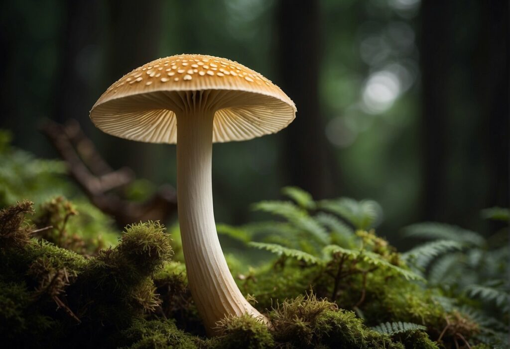a king trumpet mushroom sits on top of a mossy forest floor, showcasing its nutritional powerhouse benefits.