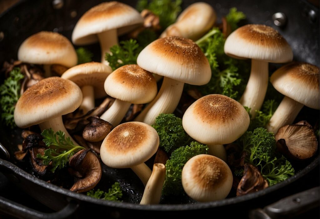 king trumpet mushrooms in a frying pan with parsley, a nutrient-rich powerhouse providing numerous benefits.