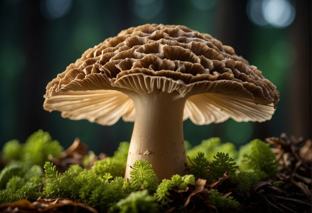 a nutritional powerhouse mushroom sits on top of moss in the forest, showcasing its maitake benefits.