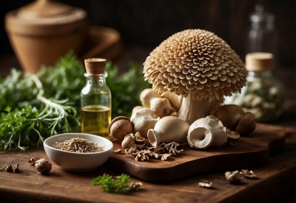 nutritional powerhouse maitake mushrooms and herbs on a wooden table.