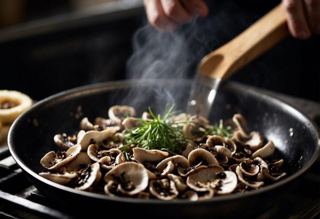 exploring the nutritional powerhouse of maitake mushrooms sautéed in a frying pan with a wooden spoon.