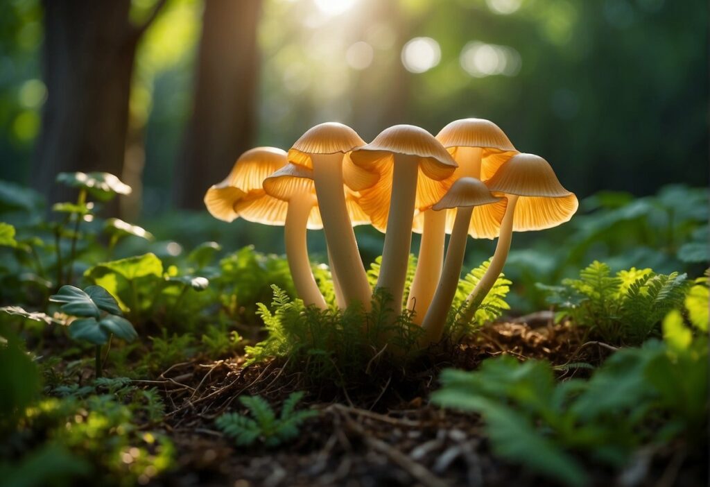 king trumpet mushrooms, a nutritional powerhouse, flourishing amidst the sunlit forest.