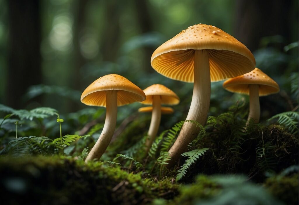 a group of king trumpet mushrooms, a nutritional powerhouse, thriving in a mossy forest.