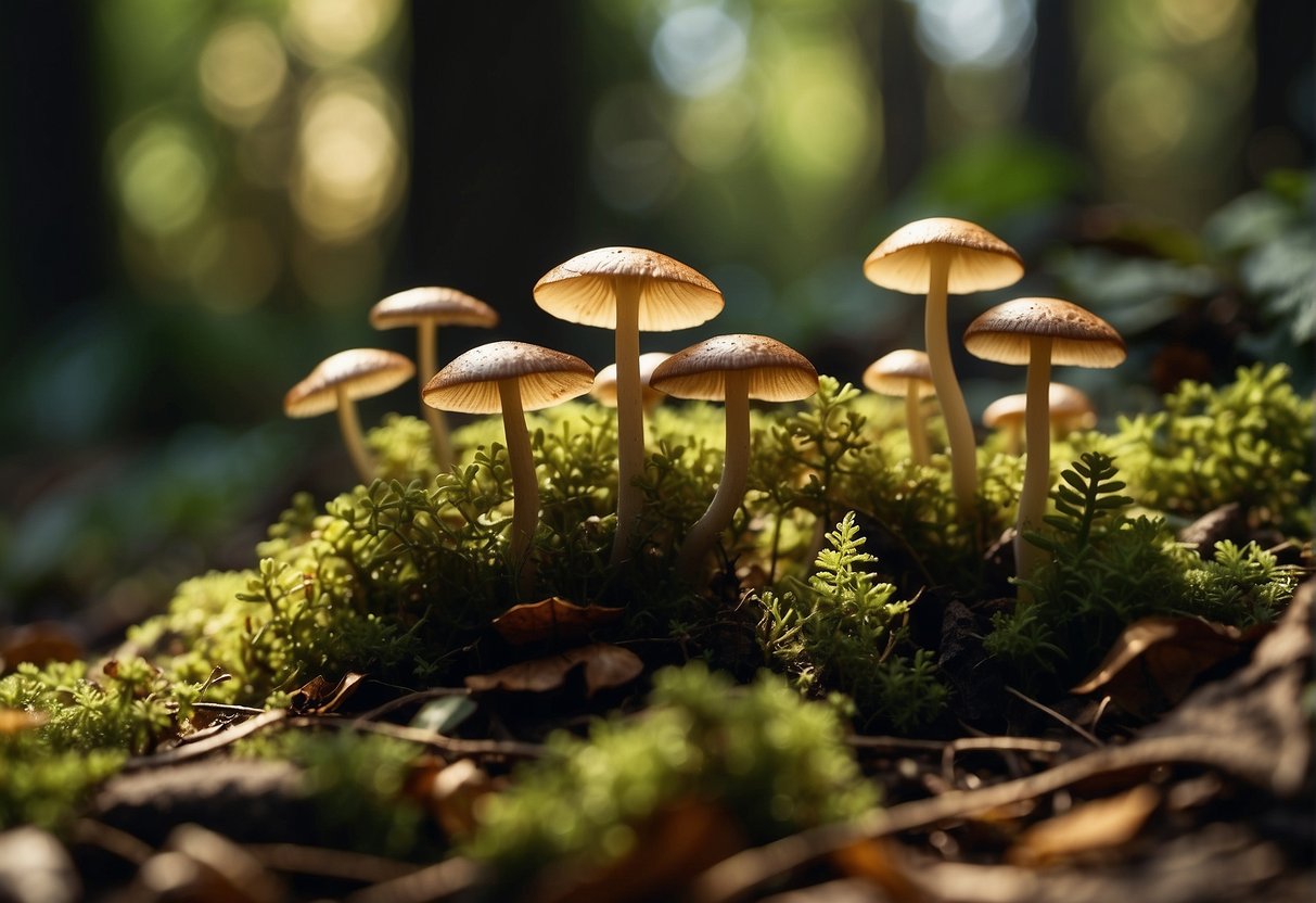 psilocybe cubensis strains growing on moss in the forest, showcasing their potency and diversity.