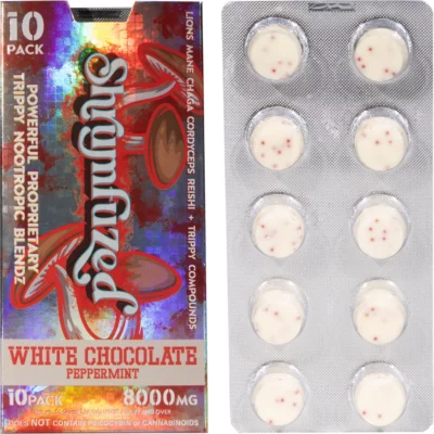 shrumfuzed nootropic trippy psychedelic mushroom chocolate 10pc white chocolate peppermint.